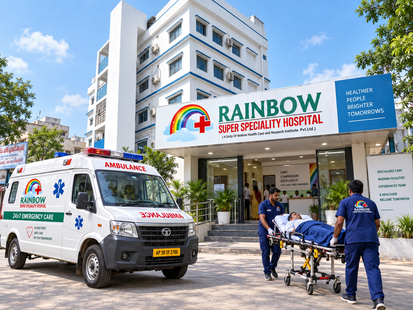 Illustrative emergency scene at Rainbow Super Speciality Hospital, with the hospital building and logo behind an ambulance and paramedics assisting a patient